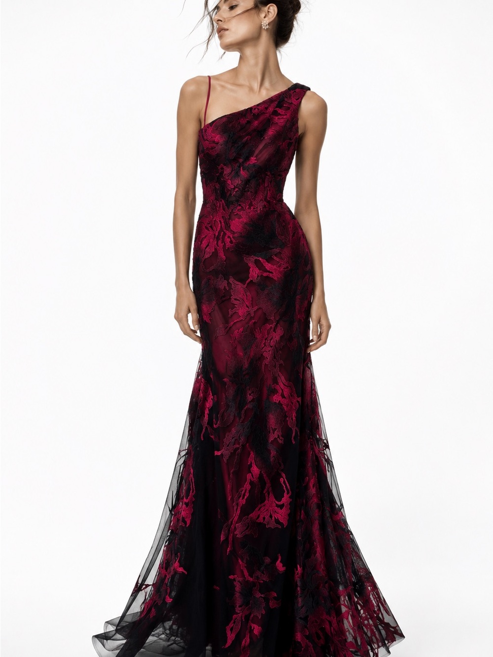 One-Shoulder Burgundy and Black Lace Evening Dress